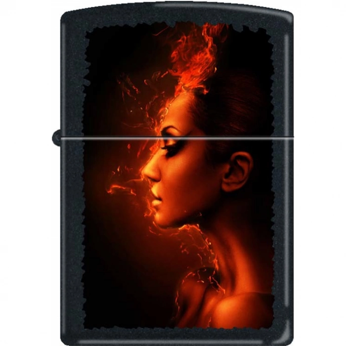 Зажигалка ZIPPO Девушка-огонь, латунь с покрытием Black Matte, чёрная, матовая, 36x12x56 мм